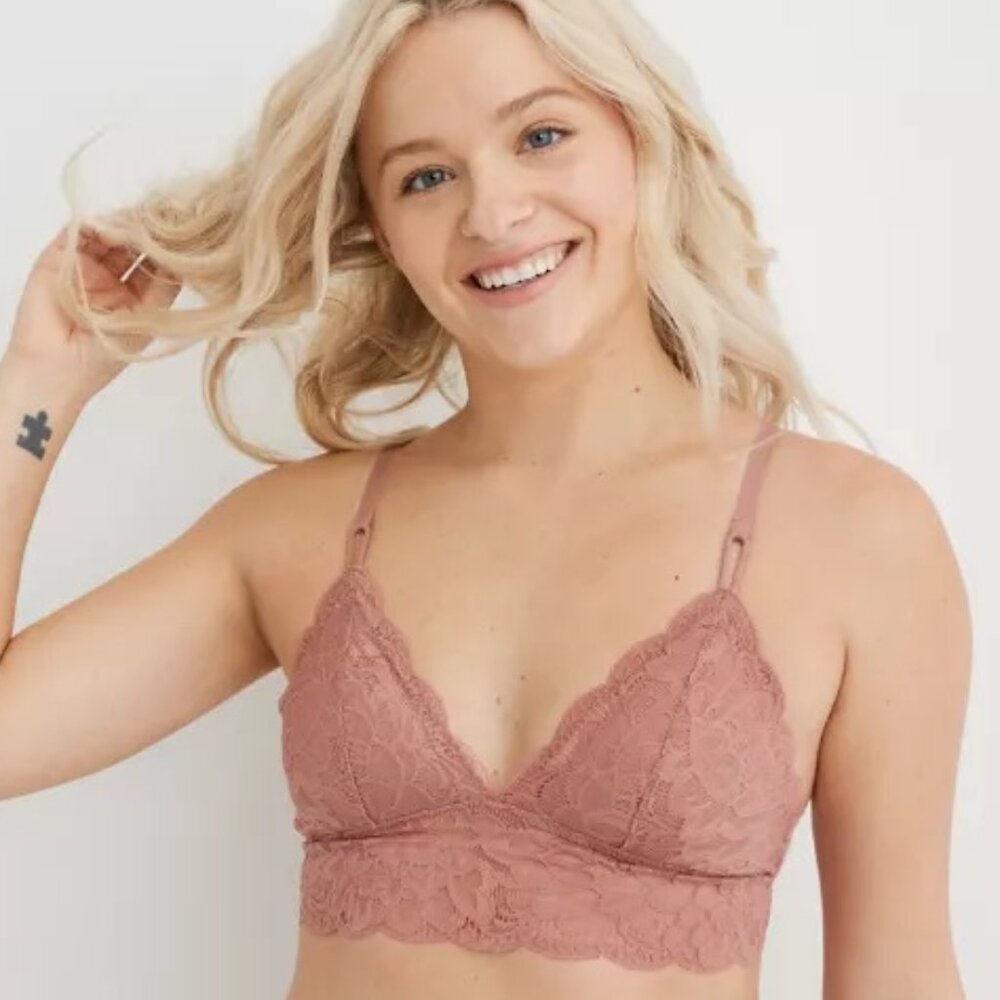 Aerie New Blooms Lace Padded Triangle Bralette in Rose - Size Large